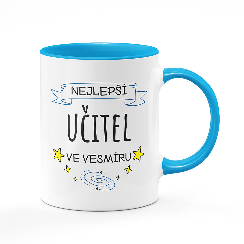 Keramický hrnek bílý s světle modrým lemem vnitřkem a uchem motiv Nejlepší učitel ve vesmíru