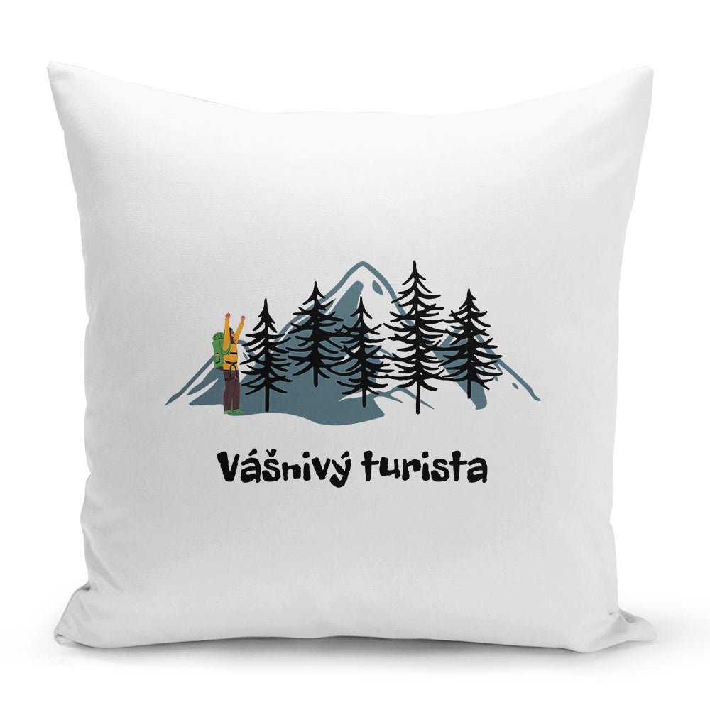 Bílý polštář 40 x 40 cm s motivem Vášnivý turista
