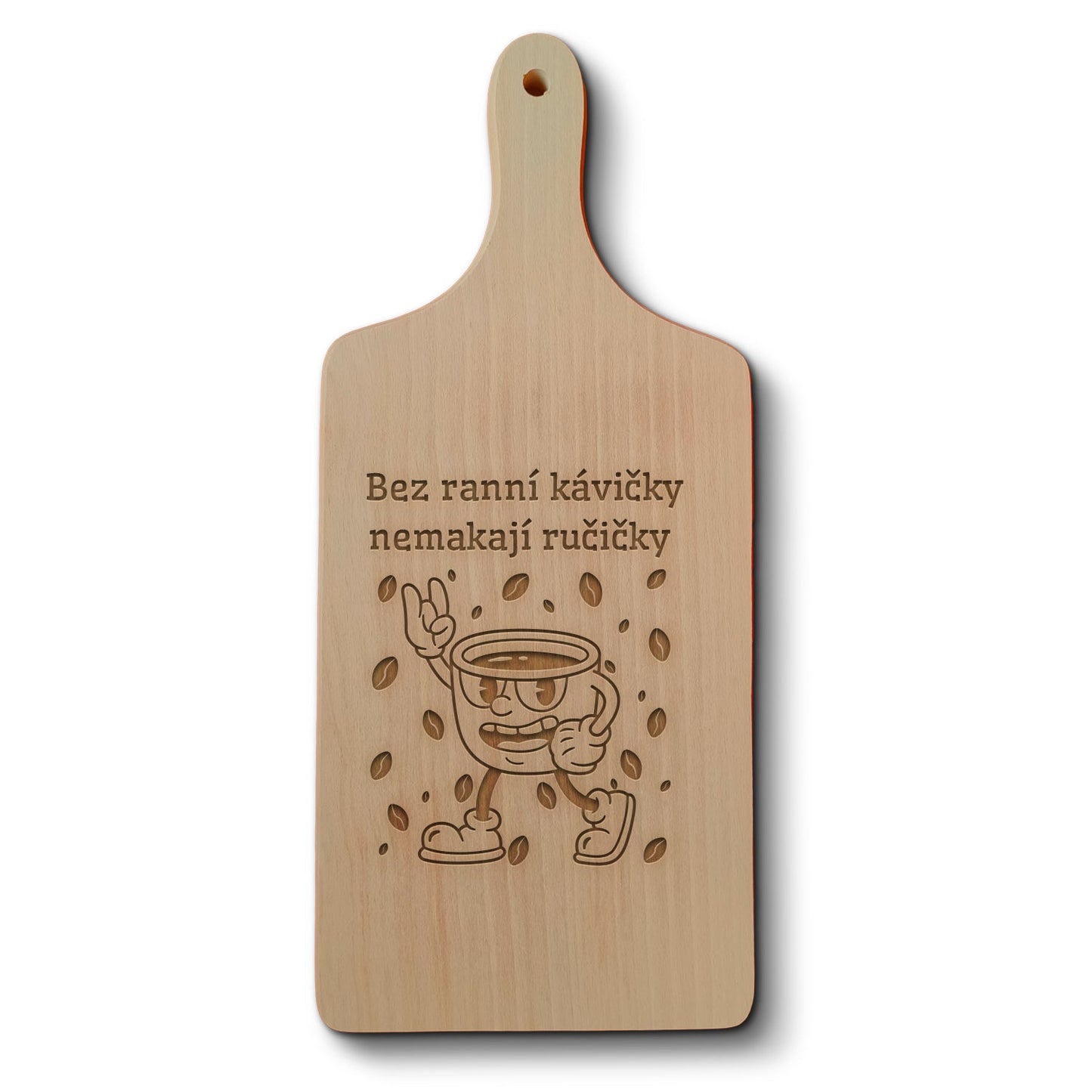 Dřevěné bukové kuchyňské prkénko s gravírovaným motivemBez ranní kávičky...