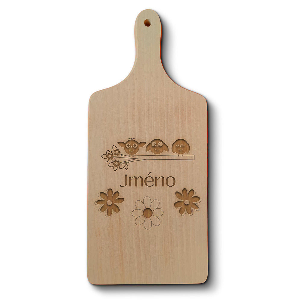 Dřevěné kuchyňské prkénko s gravírovaným motivem Veselí ptáčci - jméno