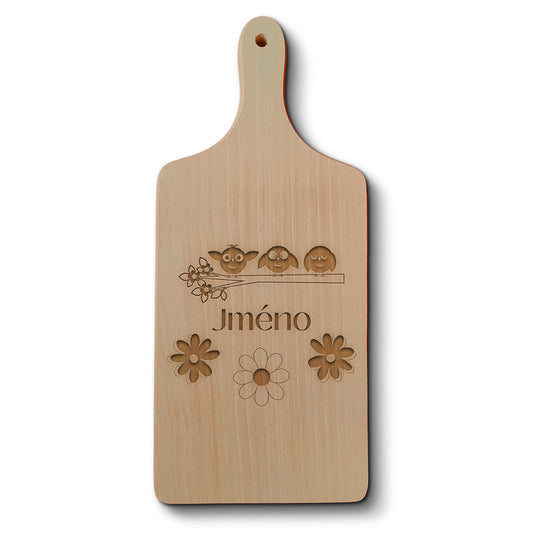 Dřevěné kuchyňské prkénko s gravírovaným motivem Veselí ptáčci - jméno