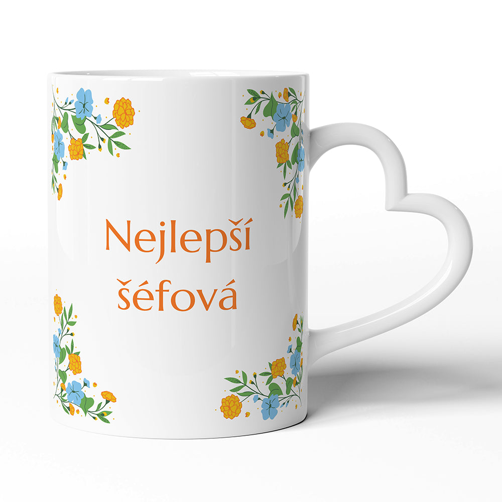 Bílý hrnek s uchem ve tvaru srdce motiv Nejlepší šéfová