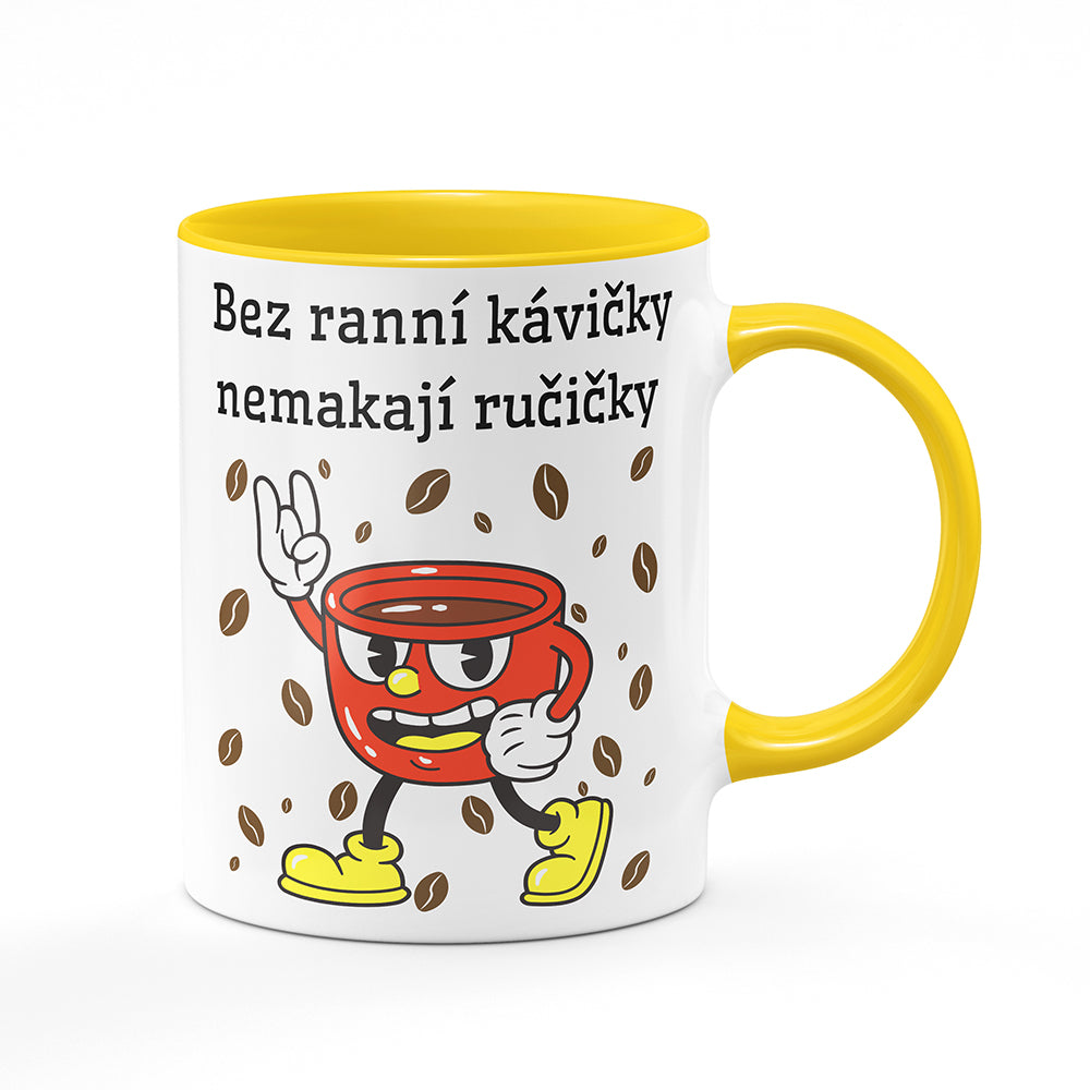 Keramický hrnek bílý s žlutým lemem vnitřkem a uchem motiv Bez ranní kávičky...
