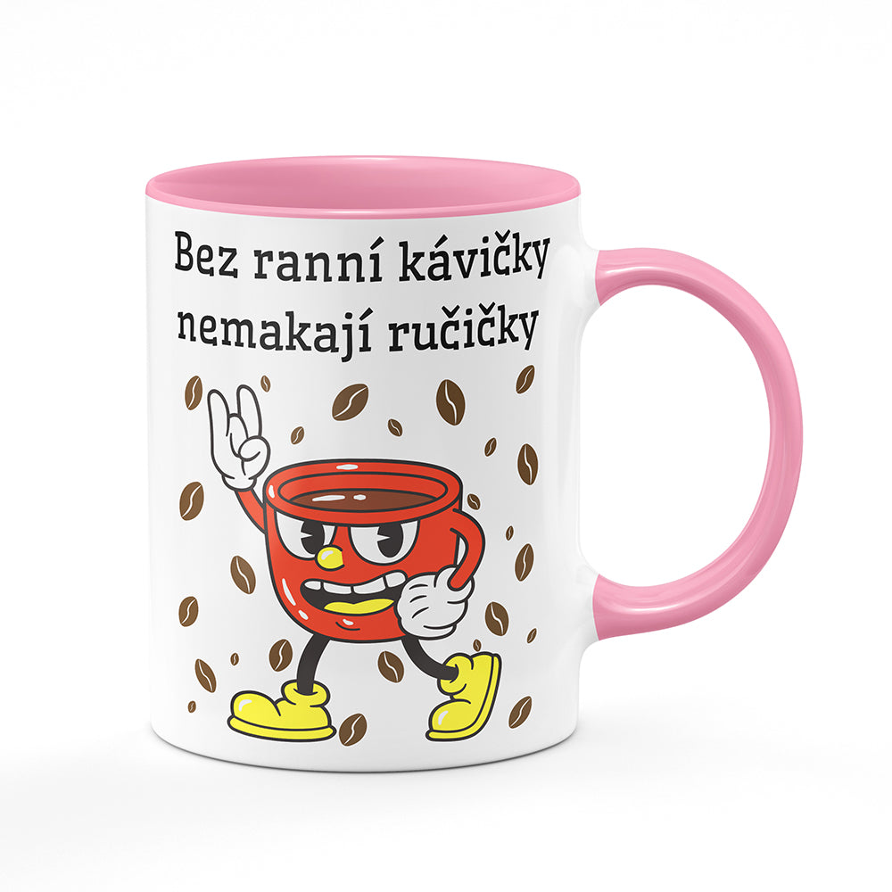 Keramický hrnek bílý s růžovým lemem vnitřkem a uchem motiv Bez ranní kávičky...