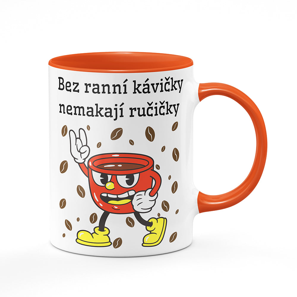 Keramický hrnek bílý s oranžovým lemem vnitřkem a uchem motiv Bez ranní kávičky...