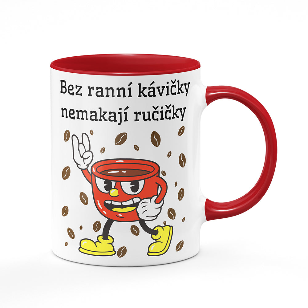 Keramický hrnek bílý s červeným lemem vnitřkem a uchem motiv Bez ranní kávičky...