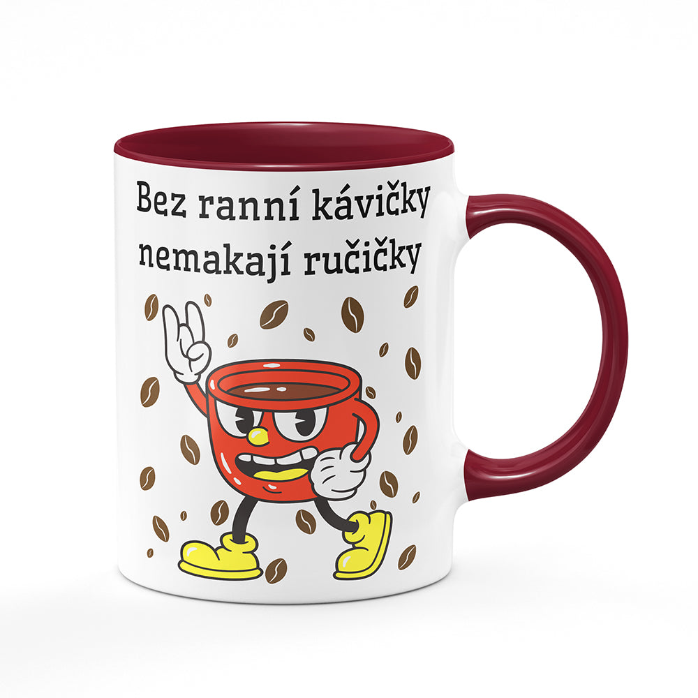 Keramický hrnek bílý s bordó vínovým lemem vnitřkem a uchem motiv Bez ranní kávičky...