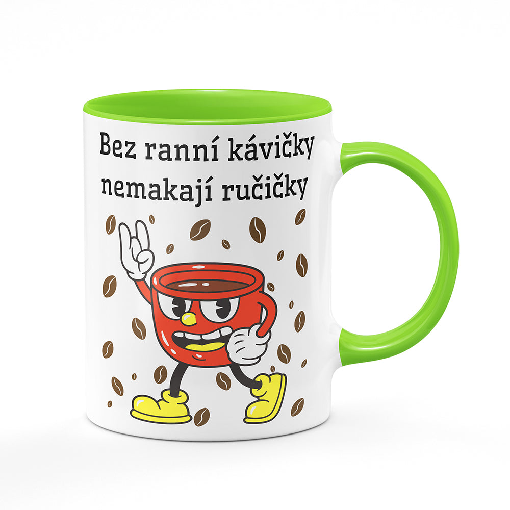 Keramický hrnek bílý s světle zeleným lemem vnitřkem a uchem motiv Bez ranní kávičky...