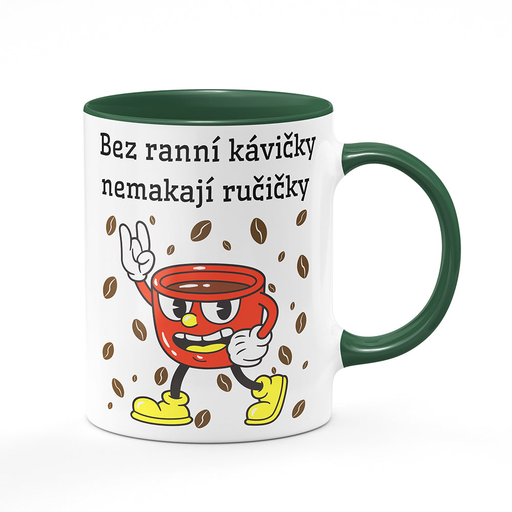 Keramický hrnek bílý s zeleným lemem vnitřkem a uchem motiv Bez ranní kávičky...