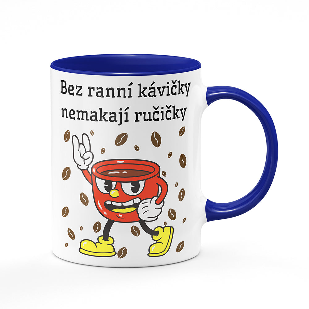 Keramický hrnek bílý s modrým lemem vnitřkem a uchem motiv Bez ranní kávičky...