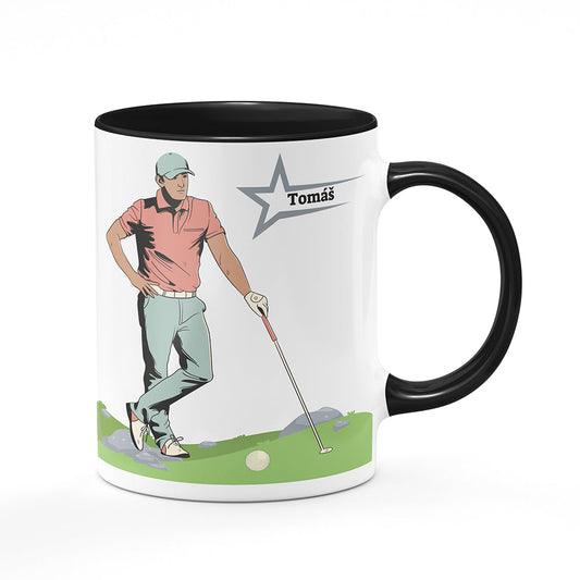 Keramický hrnek bílý s černým lemem vnitřkem a uchem motiv Golfista