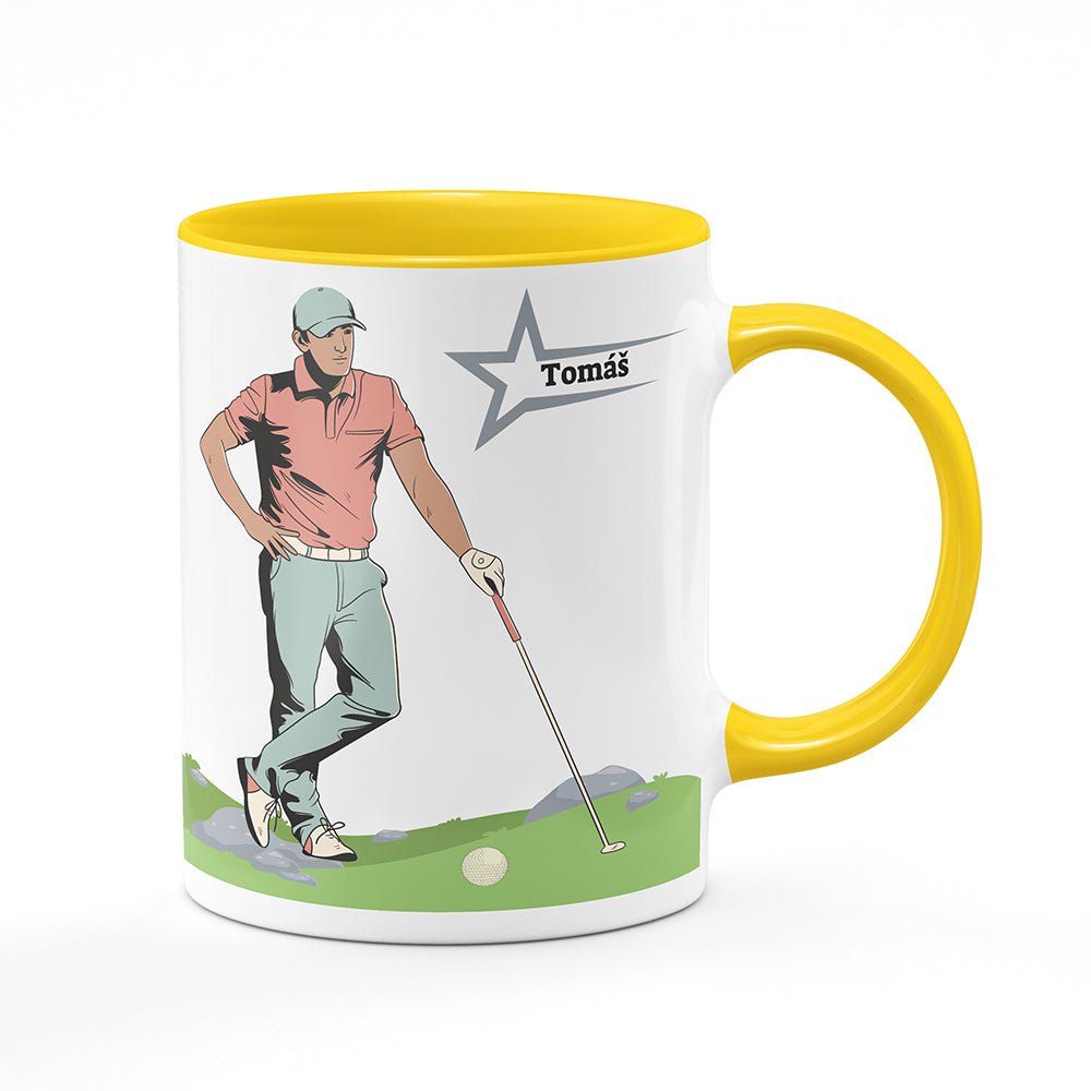 Keramický hrnek bílý s žlutým lemem vnitřkem a uchem motiv Golfista