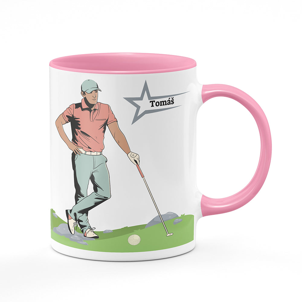 Keramický hrnek bílý s růžovým lemem vnitřkem a uchem motiv Golfista