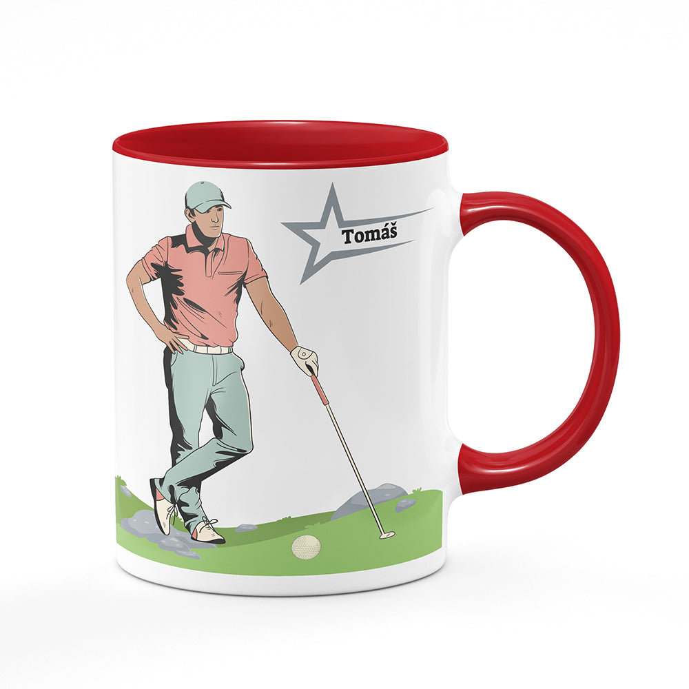 Keramický hrnek bílý s červeným lemem vnitřkem a uchem motiv Golfista