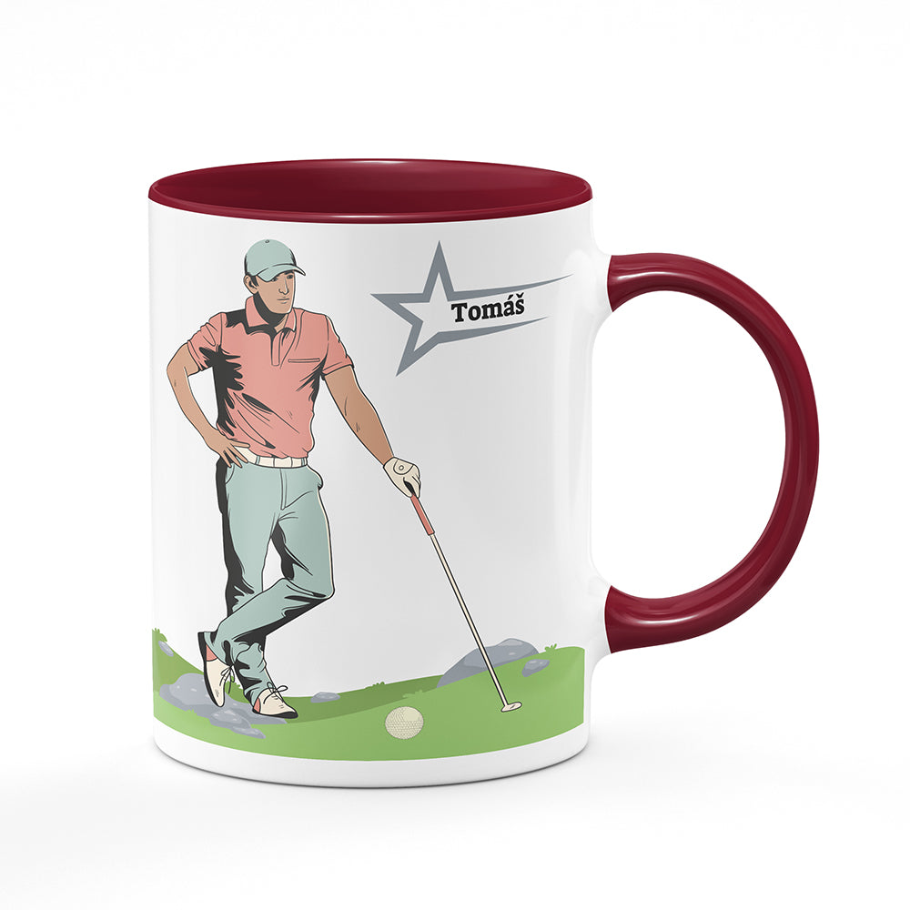 Keramický hrnek bílý s bordó vínovým lemem vnitřkem a uchem motiv Golfista