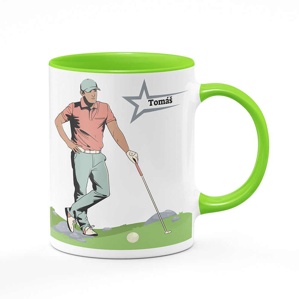 Keramický hrnek bílý s světle zeleným lemem vnitřkem a uchem motiv Golfista