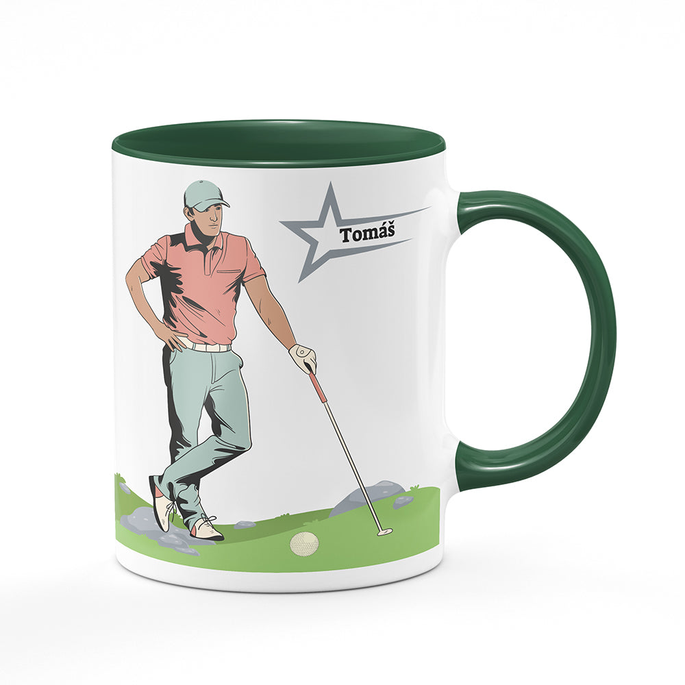 Keramický hrnek bílý s zeleným lemem vnitřkem a uchem motiv Golfista