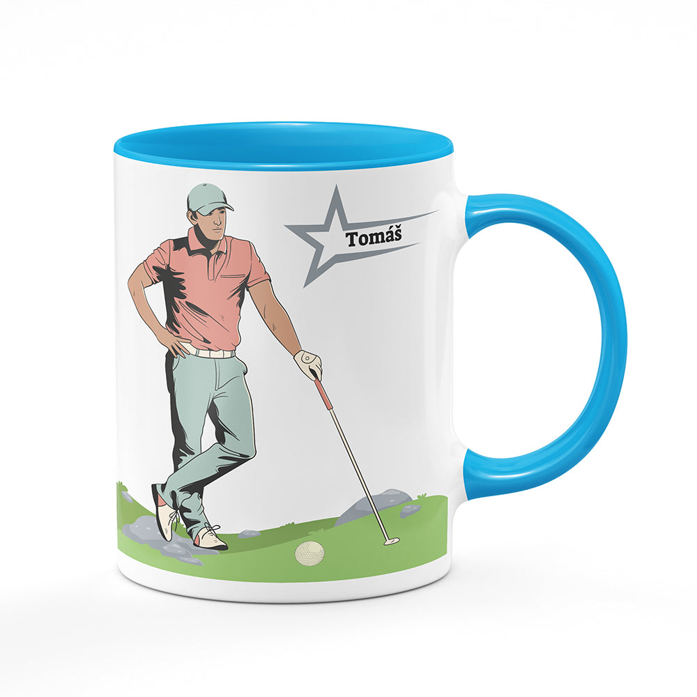 Keramický hrnek bílý s světle modrým lemem vnitřkem a uchem motiv Golfista