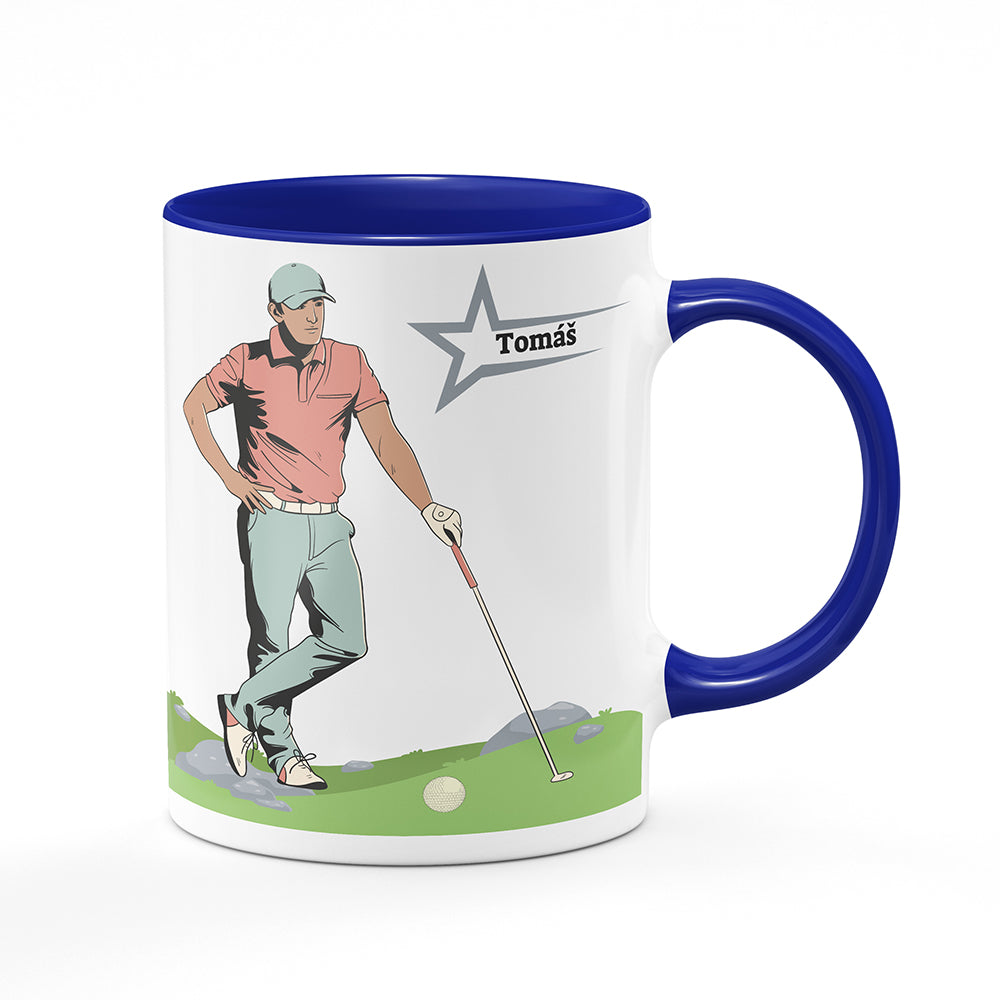 Keramický hrnek bílý s modrým lemem vnitřkem a uchem motiv Golfista