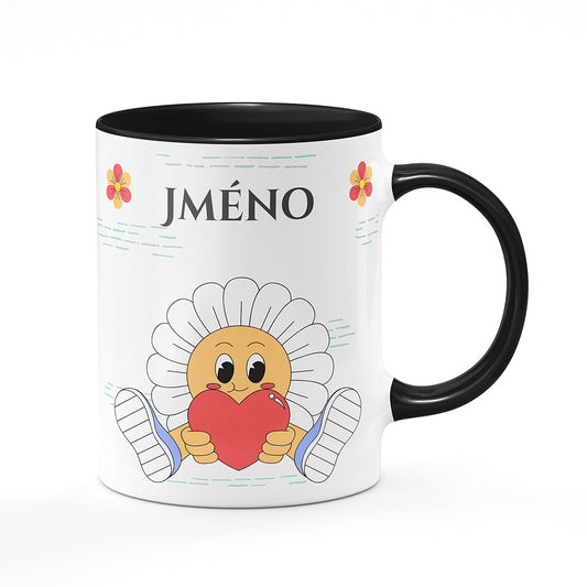 Keramický hrnek bílý s černým lemem vnitřkem a uchem motiv Květina