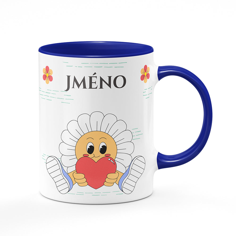 Keramický hrnek bílý s modrým lemem vnitřkem a uchem motiv Květina