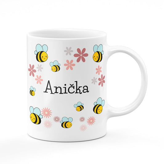 Keramický hrnek bílý motiv Včelky a kytičky