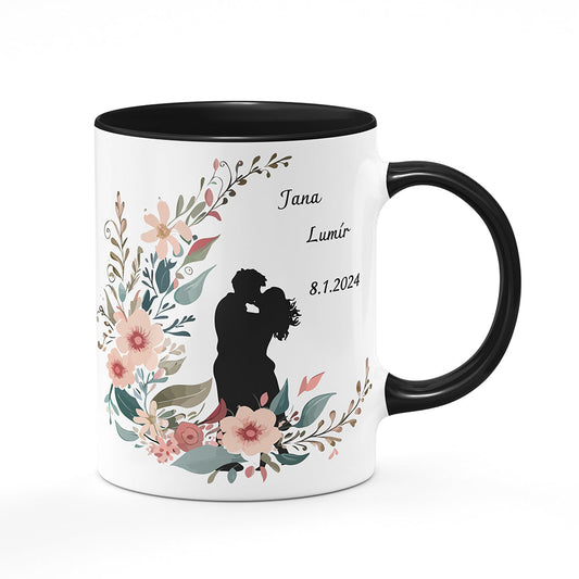 Keramický hrnek bílý s černým lemem vnitřkem a uchem motiv Zamilovaný motiv