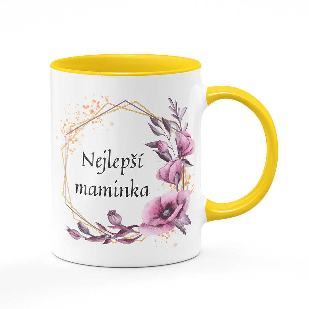 Keramický hrnek bílý s žlutým lemem vnitřkem a uchem motiv Nejlepší maminka