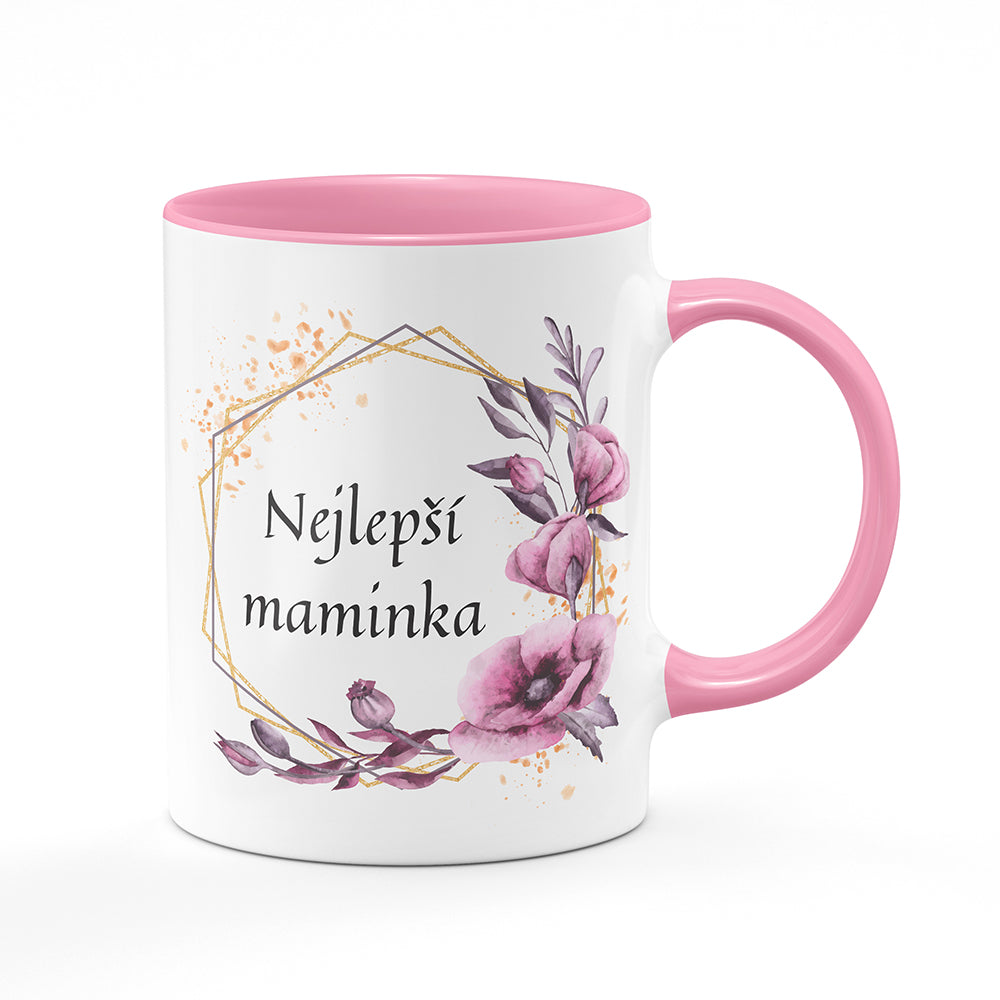 Keramický hrnek bílý s růžovým lemem vnitřkem a uchem motiv Nejlepší maminka