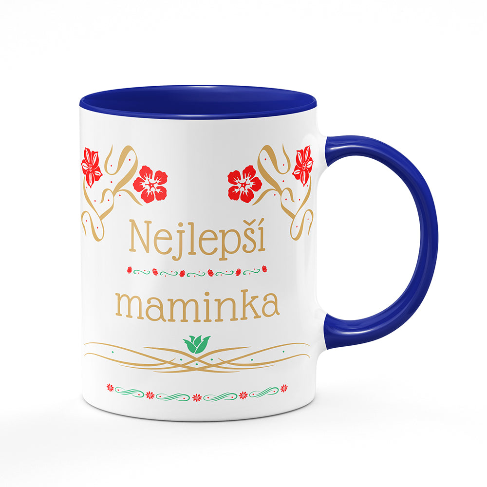 Keramický hrnek bílý s modrým lemem vnitřkem a uchem motiv Nejlepší maminka