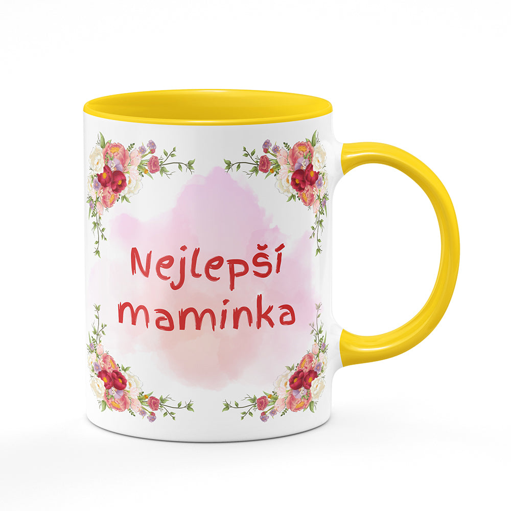Keramický hrnek bílý s žlutým lemem vnitřkem a uchem motiv Nejlepší maminka
