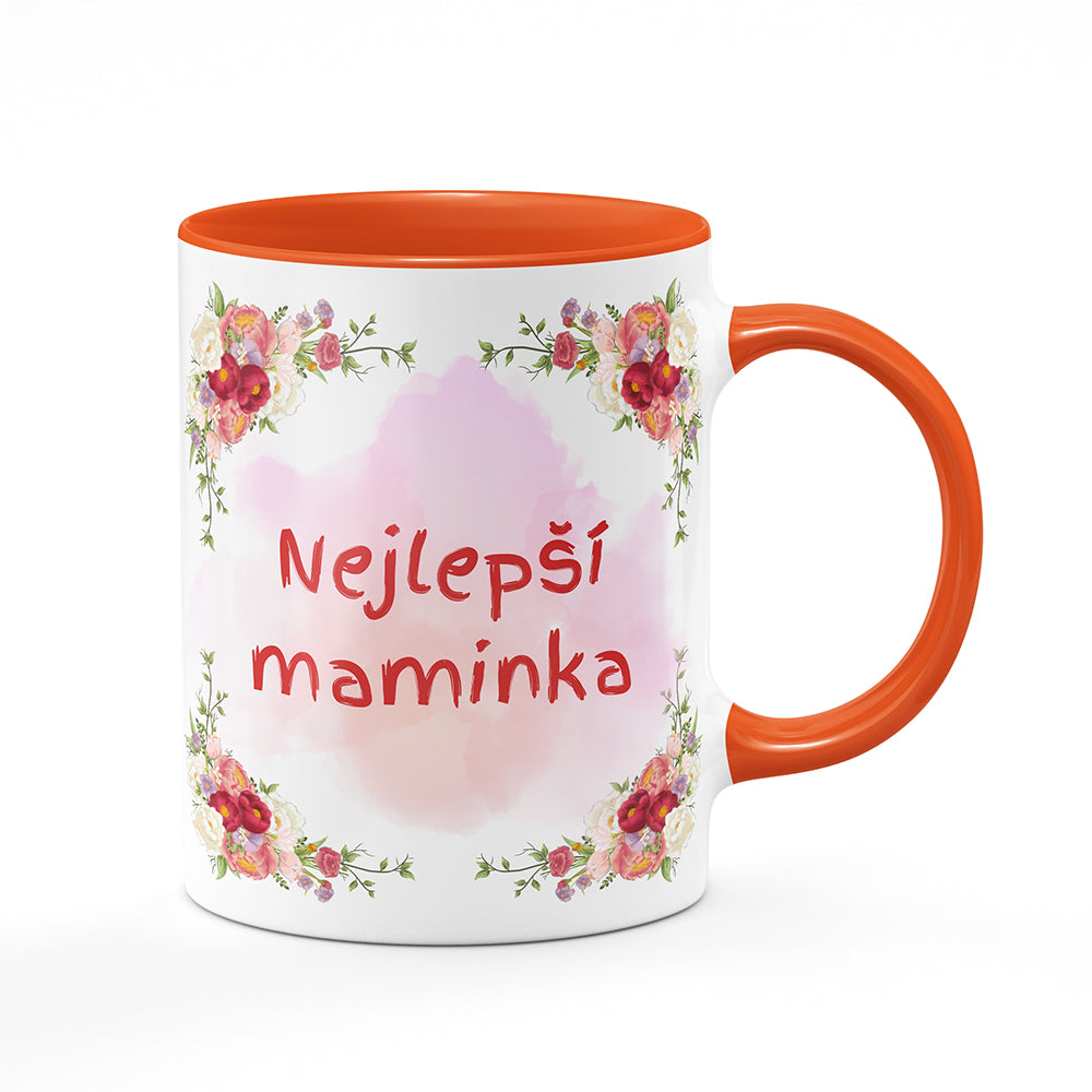 Keramický hrnek bílý s oranžovým lemem vnitřkem a uchem motiv Nejlepší maminka