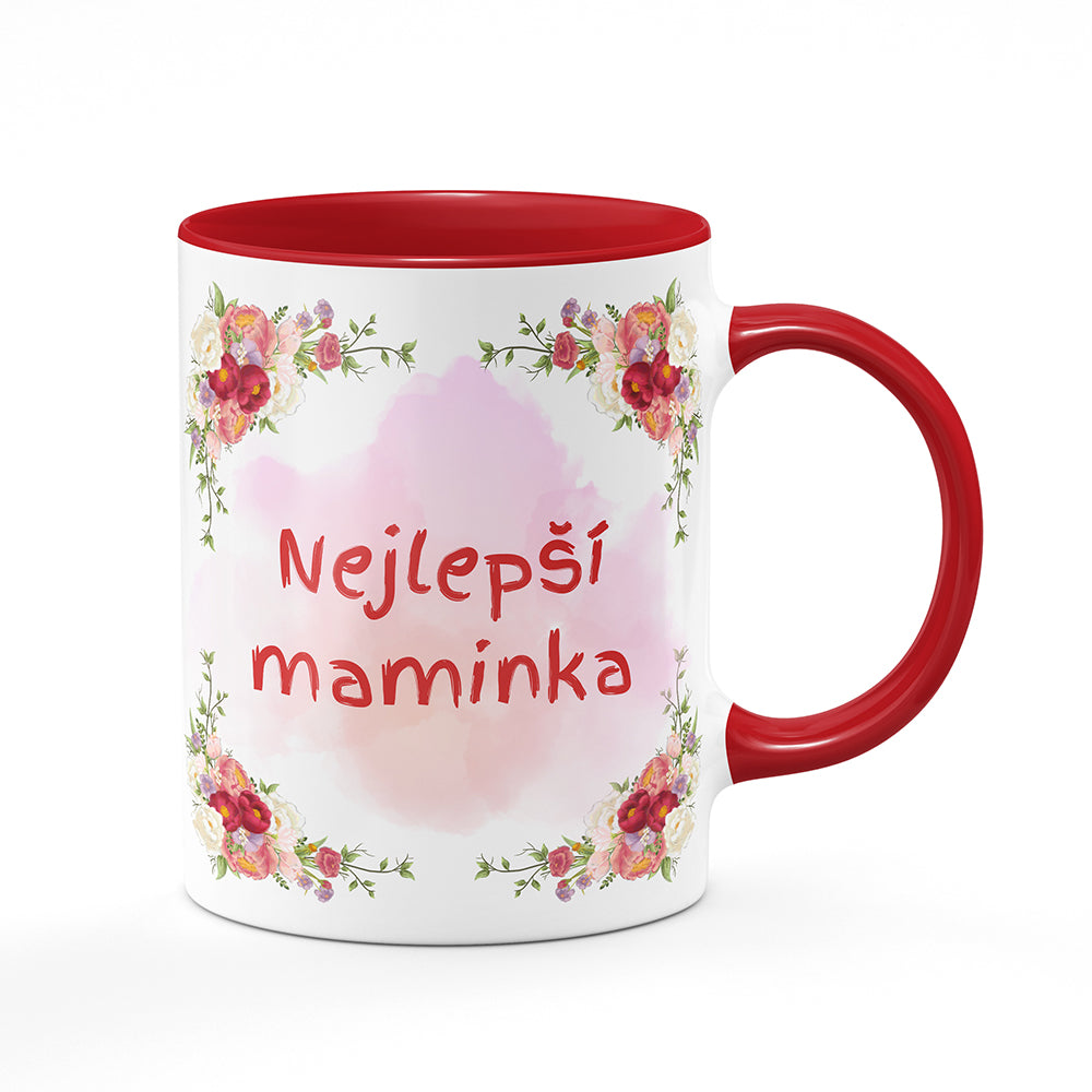 Keramický hrnek bílý s červeným lemem vnitřkem a uchem motiv Nejlepší maminka
