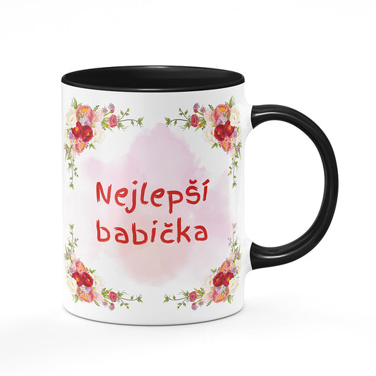 Keramický hrnek bílý s černým lemem vnitřkem a uchem motiv Nejlepší babička