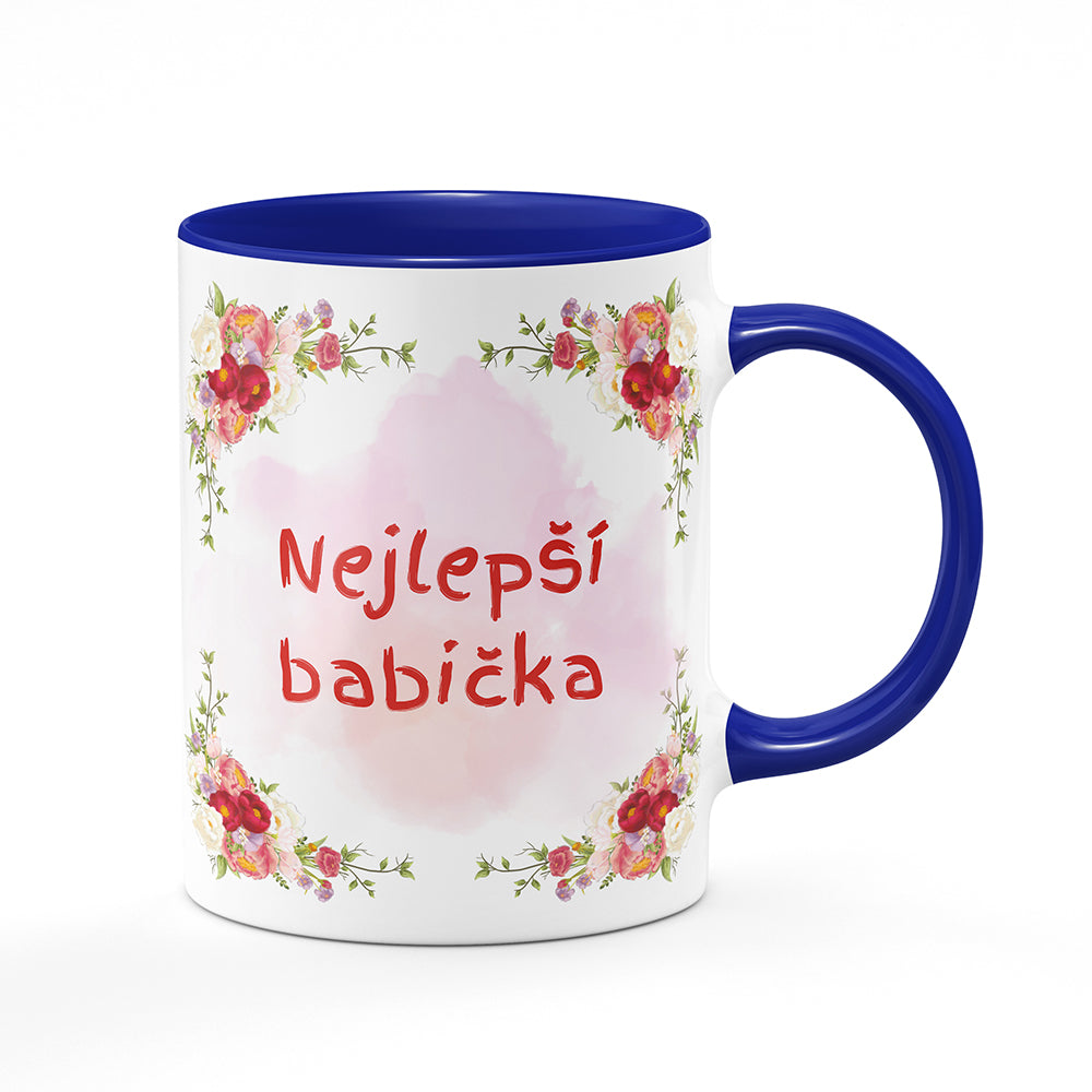 Keramický hrnek bílý s modrým lemem vnitřkem a uchem motiv Nejlepší babička