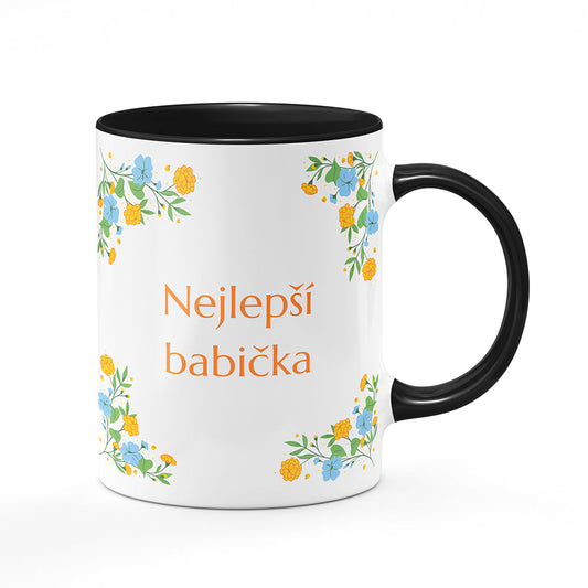 Keramický hrnek bílý s černým lemem vnitřkem a uchem motiv Nejlepší babička