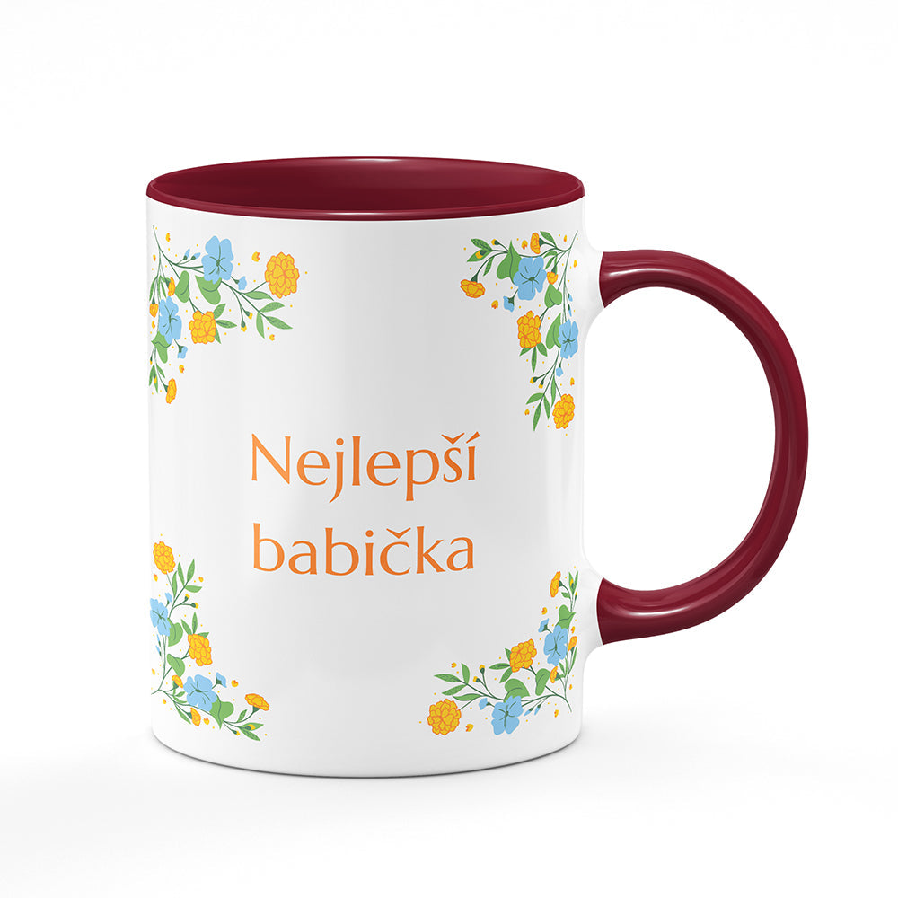Keramický hrnek bílý s bordó vínovým lemem vnitřkem a uchem motiv Nejlepší babička