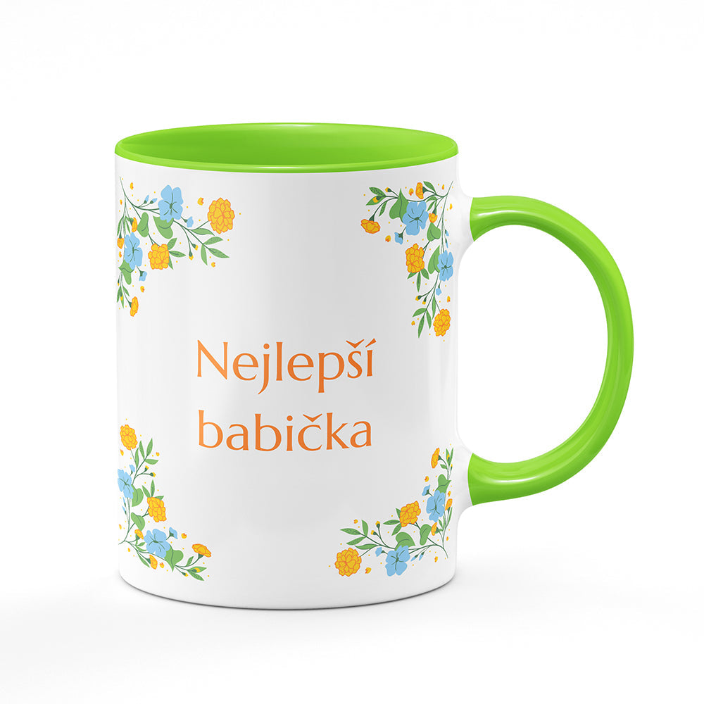 Keramický hrnek bílý s světle zeleným lemem vnitřkem a uchem motiv Nejlepší babička