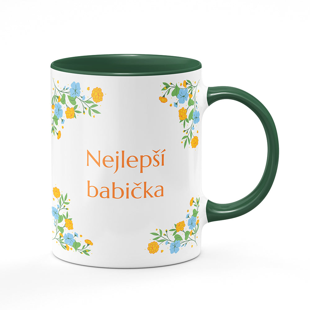 Keramický hrnek bílý s zeleným lemem vnitřkem a uchem motiv Nejlepší babička