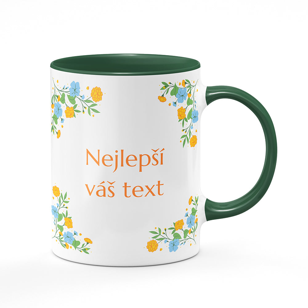 Keramický hrnek bílý s zeleným lemem vnitřkem a uchem motiv Květinový motiv - Nejlepší ...