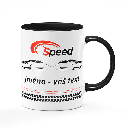 Keramický hrnek bílý s černým lemem vnitřkem a uchem motiv Auta