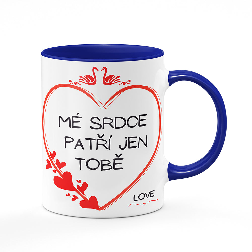 Keramický hrnek bílý s modrým lemem vnitřkem a uchem motiv Mé srdce patří jen Tobě