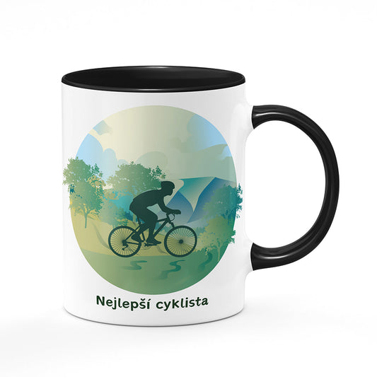 Keramický hrnek bílý s černým lemem vnitřkem a uchem motiv Nejlepší cyklista