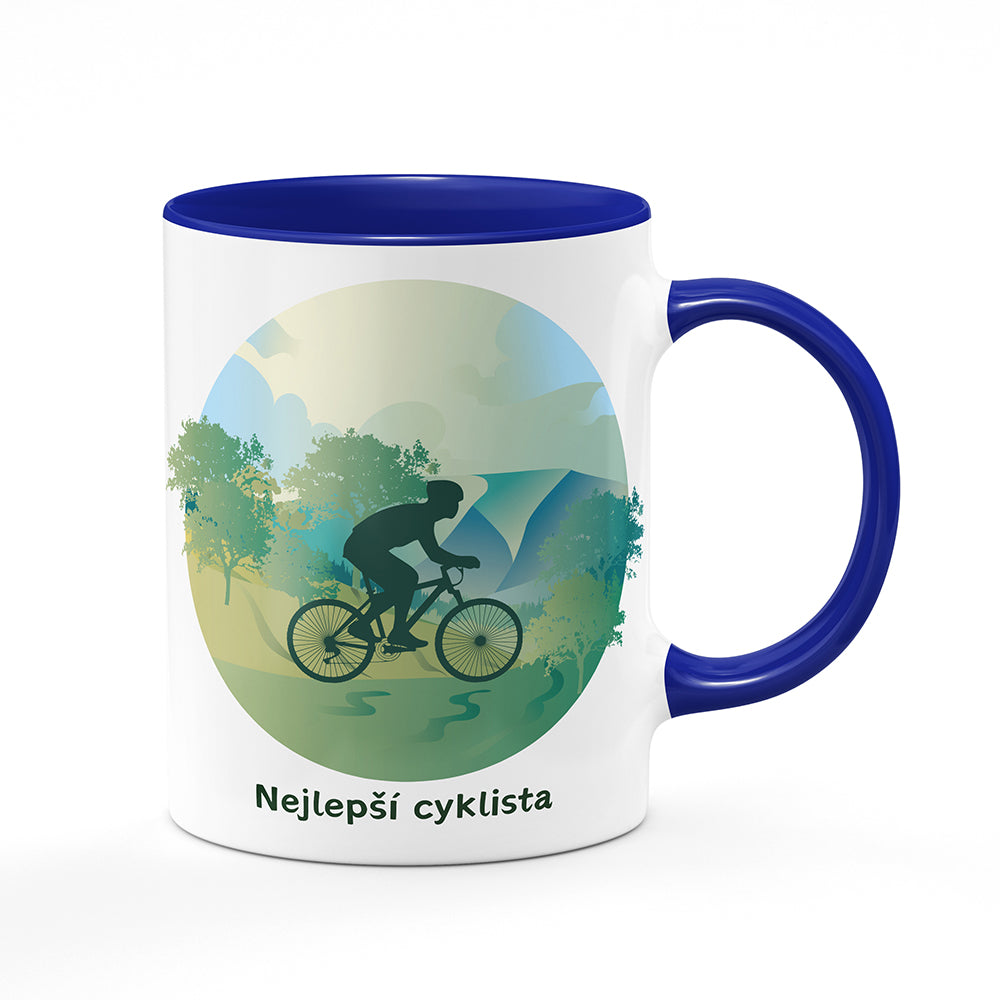 Keramický hrnek bílý s modrým lemem vnitřkem a uchem motiv Nejlepší cyklista