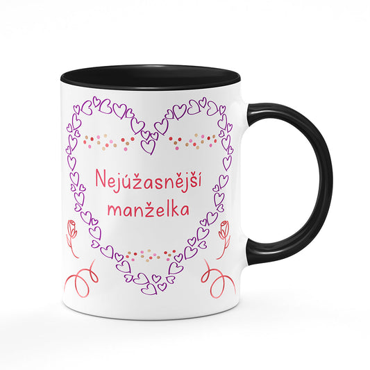 Keramický hrnek bílý s černým lemem vnitřkem a uchem motiv Nejúžasnější manželka