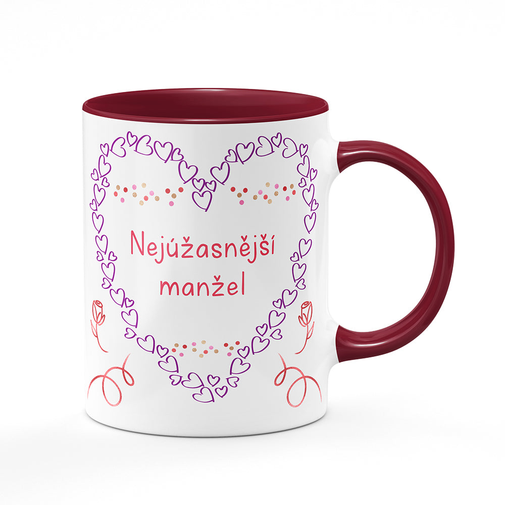 Keramický hrnek bílý s bordó vínovým lemem vnitřkem a uchem motiv Nejúžasnější manžel