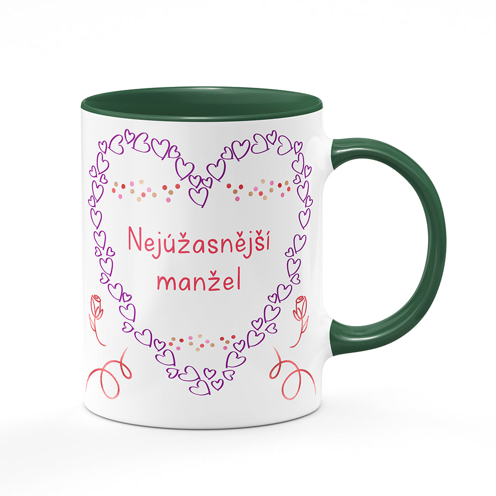 Keramický hrnek bílý s zeleným lemem vnitřkem a uchem motiv Nejúžasnější manžel
