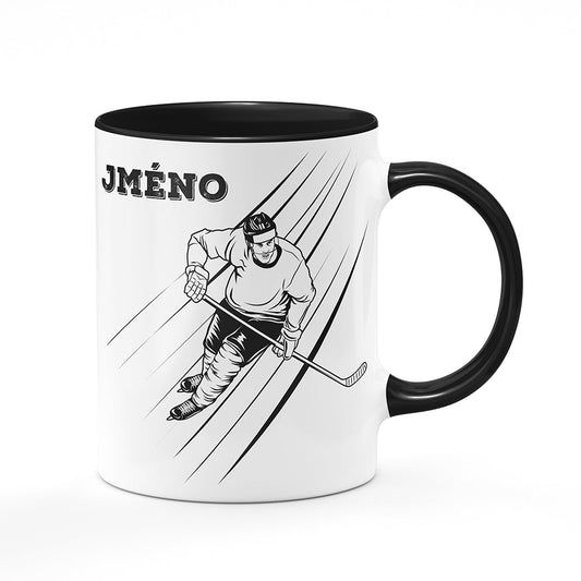 Keramický hrnek bílý s černým lemem vnitřkem a uchem motiv Hokejista