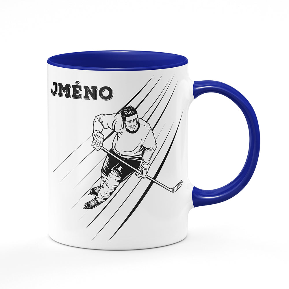 Keramický hrnek bílý s modrým lemem vnitřkem a uchem motiv Hokejista