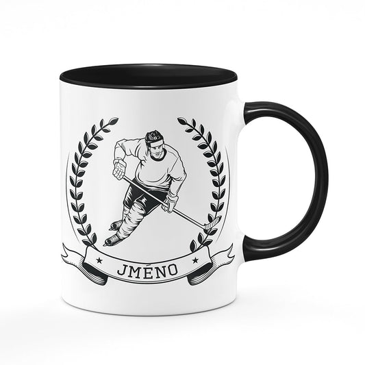 Keramický hrnek bílý s černým lemem vnitřkem a uchem motiv Hokejista